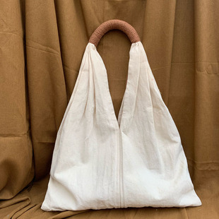 褶皱包大容量单肩托特包手工棉布袋佛系文艺 简约帆布包一片式 法式