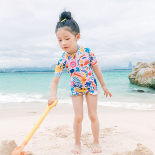 连体泳衣女宝宝可爱速干游泳衣儿童沙滩海边度假游泳衣服 女童短袖