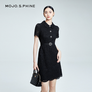 立体剪裁设计感小黑裙 修身 MOJO优雅韩国雕花蕾丝连衣裙2024年新款