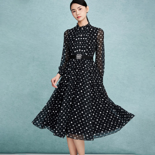 MOJO 2023年新款 收腰气质波点连衣裙高级垂坠设计感黑中长裙女装