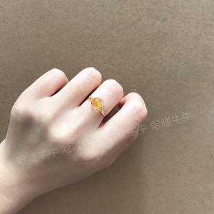 黄水晶戒指天然招财转运原创手工定制14K包金绕线圆珠子指环女