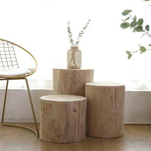 北欧实木圆凳原木树桩木桩摆件根雕凳子木墩子换鞋 凳客厅木头茶几