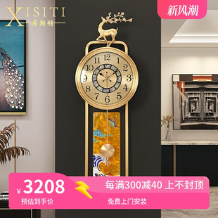 新中式 大气挂表轻奢创意时尚 饰壁钟欧式 石英钟 黄铜挂钟家用客厅装
