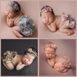 婴儿满月照发带圆花垫宝宝月子照道具拍照衣服 高档新生儿摄影服装