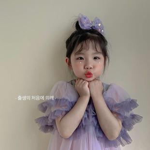 韩国闪亮渐变女童蝴蝶结发夹甜美公主立体顶夹儿童发卡后脑勺头饰