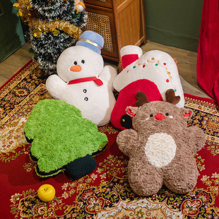 饰礼物沙发靠枕毛绒 毛绒公仔抱枕圣诞树雪人老人摆件装 卡通圣诞款