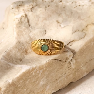 INS法式 同款 戒指女 18K镀金不锈钢天然绿色石头太阳形戒指朋克风格