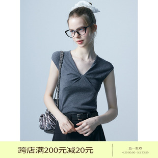 EGGKA扭结针织V领T恤女2024夏季 设计感无袖 透气舒适修身 上衣 新款