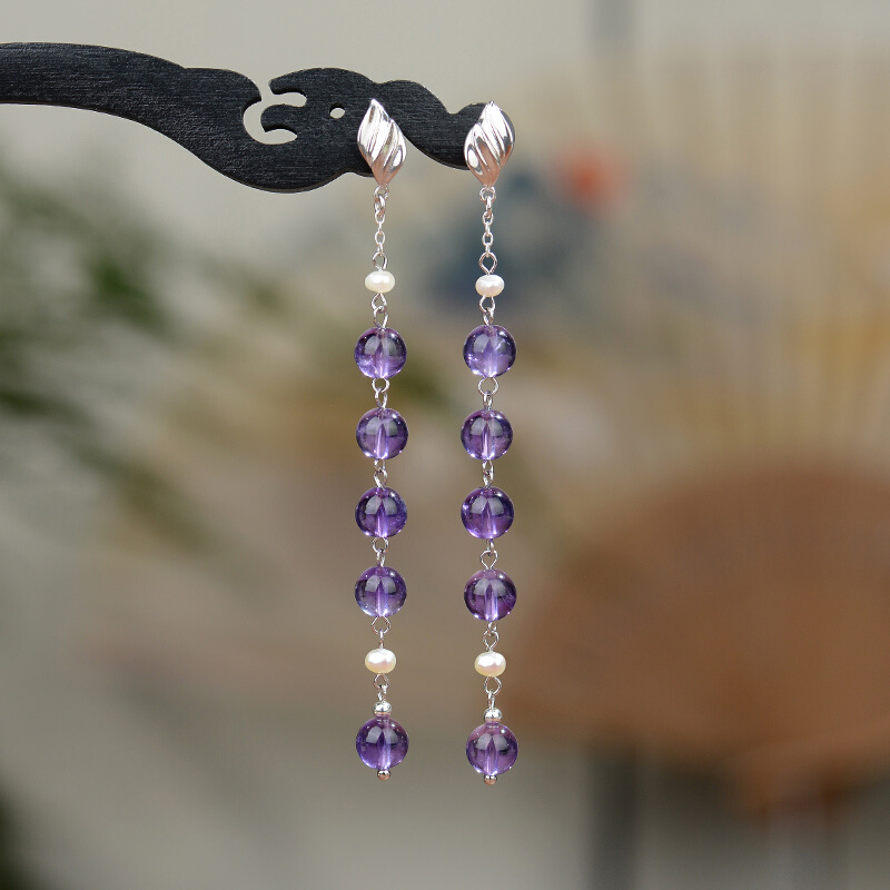 天然紫水晶耳环女款 时尚 耳坠气质高级大气 S925银叶子耳饰紫色长款