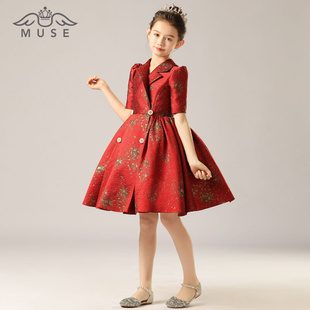高端儿童模特走秀钢琴演出礼服裙小主持晚礼服公 定制女童红色西装