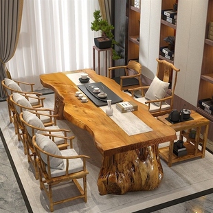 功夫泡茶台会客厅茶几禅意茶桌椅组合 大板原木新中式 实木茶桌套装