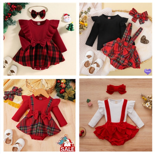 幼儿爬爬服哈衣新年衣服 女孩子红色格子连衣裙套装 圣诞节婴儿服装