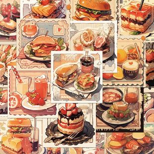 饰防水贴画diy 51张食物邮票贴纸卡通复古美食甜品手机壳笔记本装