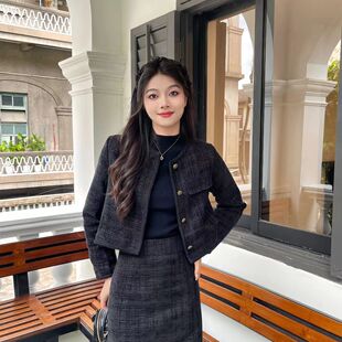 两件套女 韩版 黑色小香风外套女高腰半身裙套装 女装 新款 2023年秋季