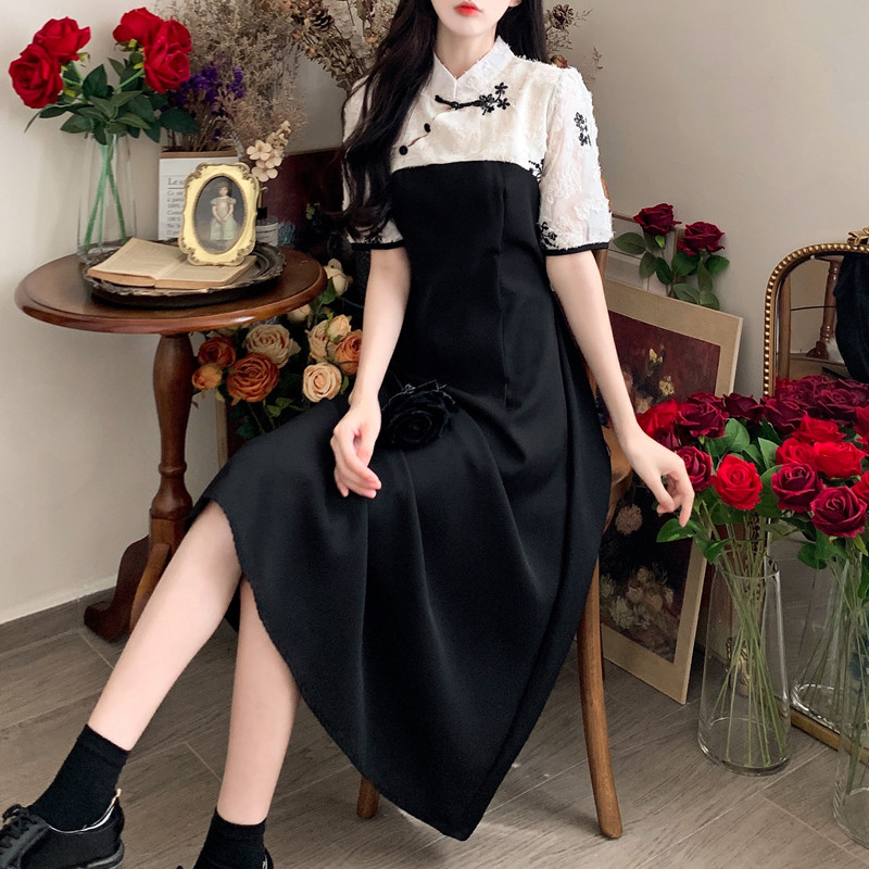 巨鹿工作室套装 改良立领拼接黑色短袖 显瘦新中式 旗袍裙子女 夏大码