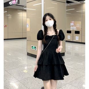 蝴蝶结方领黑色连衣裙夏季 2024新款 复古少女系设计感中长裙子 法式