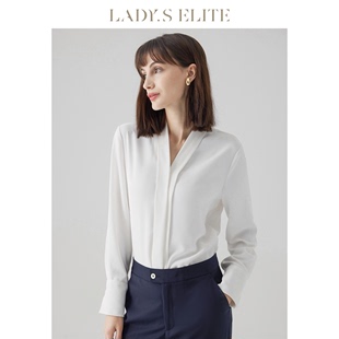 LadySElite2024春夏新款 女士白色衬衫 V领小众设计感百搭上衣 长袖