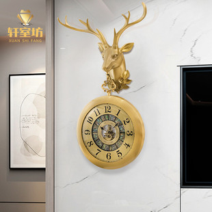 轩室别墅鹿头纯铜挂钟欧式 黄铜钟表客厅创意时尚 挂表 轻奢时钟美式