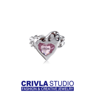 指环 CRIVLA粉色宝石爱心镶嵌戒指女ins小众设计感开口不规则时尚