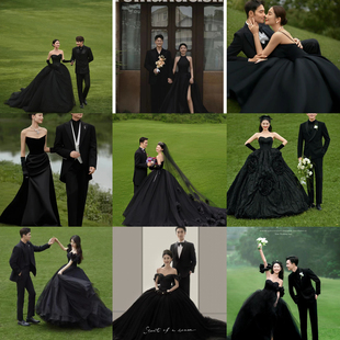 黑色抹胸婚纱情侣旅拍草坪外景在逃公主礼服 影楼主题拍照服装 新款