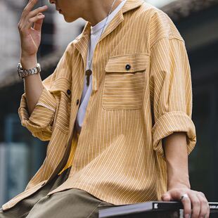 马登工装 鹅黄色阿美咔叽古着长袖 衬衣古巴领男潮 日系复古条纹衬衫
