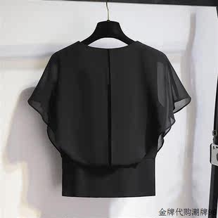 黑色雪纺小衫 高级感气质飞飞袖 新款 短款 时尚 韩版 上衣女士2024夏季