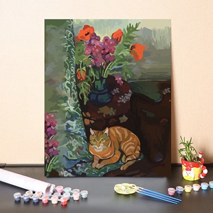 饰画 名画人物画像花卉猫咪客厅装 数字油画diy填充画家瓦拉东经典