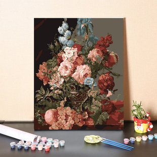 饰丙烯油彩画画 复古花卉手绘涂色客厅装 数字油画diy手工填充欧式