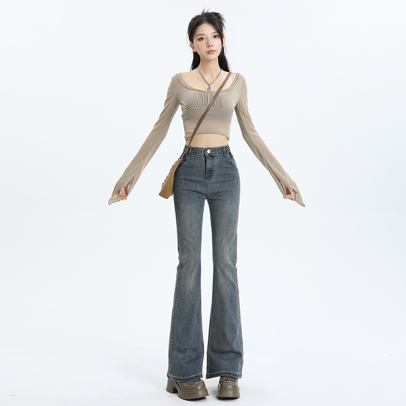 MGHG设计感拖地喇叭裤 女2024年新款 微喇 辣妹高腰显瘦小个子牛仔裤