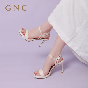 GNC超高跟一字带凉鞋 防水台细跟真皮绝美配裙子女鞋 新款 女24夏季