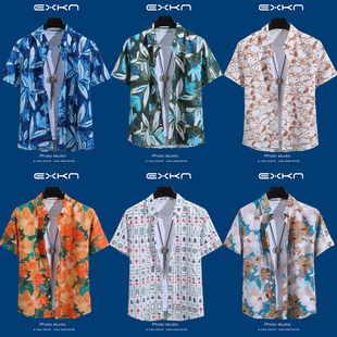 高级感痞帅夏威夷海边度假大码 新款 男 宽松短袖 花衬衫 寸衫 男夏季