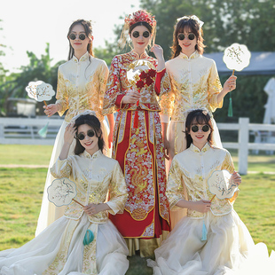 中式 姐妹团装 新款 伴娘裙 伴娘服女小个子婚礼服国风秀禾旗袍秋冬季