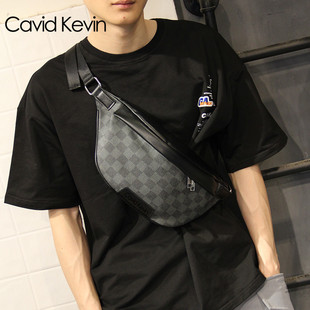 Cavid 格子真皮斜挎包时尚 胸包潮牌个性 单肩包腰包 Kevin欧美男士