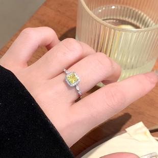 s925银戒指女黄钻方糖戒指女小众设计素圈戒指开口尾戒食指戒指环