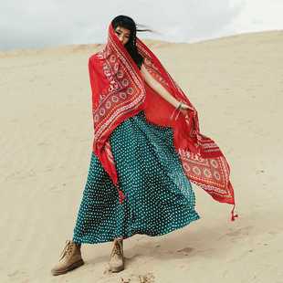 大西北旅游拍照红色防晒披肩女沙漠旅游衣服民族风薄款 围巾丝巾