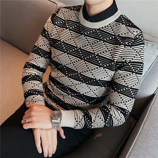 保暖撞色条纹衬衫 韩版 领毛衣男套头针织衫 潮流时尚 假两件毛衫 厚款
