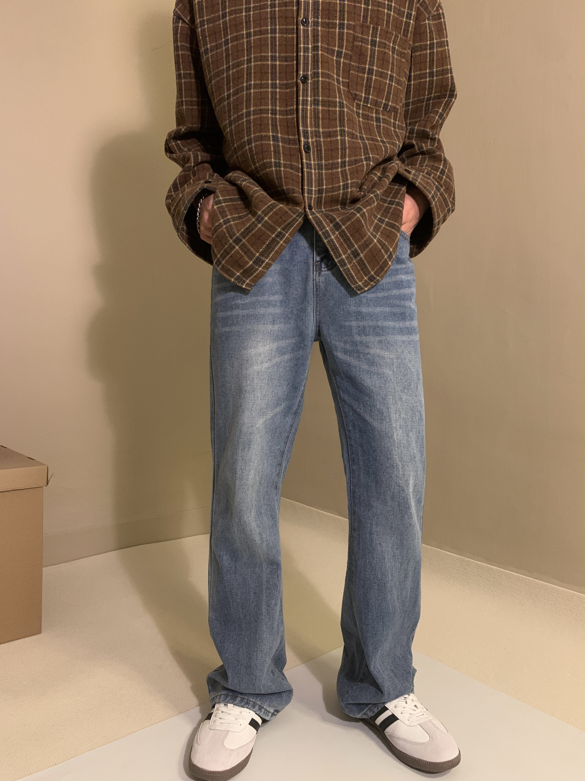 美式 男长裤 微喇cleanfit牛仔裤 休闲复古水洗蓝做旧vintage517风格