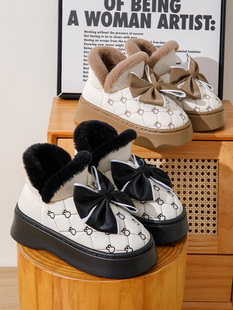 时尚 室内家居2023新款 女冬季 防水加绒包跟雪地靴 厚底蝴蝶结棉拖鞋