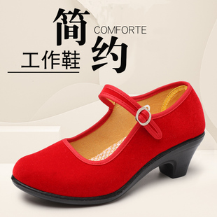 大红色老北京布鞋 一字扣带妈妈鞋 表演礼仪广场舞红色高跟鞋 女单鞋