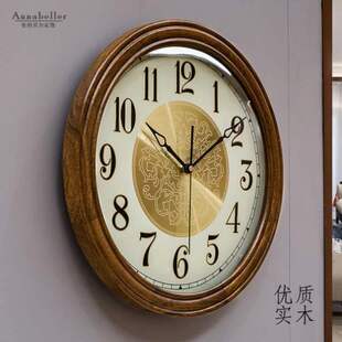 实木新中式 挂钟客厅高档时钟欧式 圆形创意家用简约挂墙石英钟 时尚