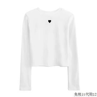 白色短款 新款 t恤女2024春季 小个子体恤爱心刺绣小众显瘦上衣 长袖