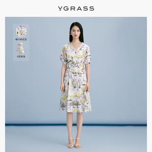 VGRASS时尚 新款 连衣裙女夏季 腰带长裙VSL2O23850 印花纯棉收腰衬衫
