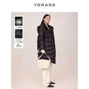VGRASS黑色高充绒90鹅绒长款 连帽羽绒服女冬季 加厚保暖 新款