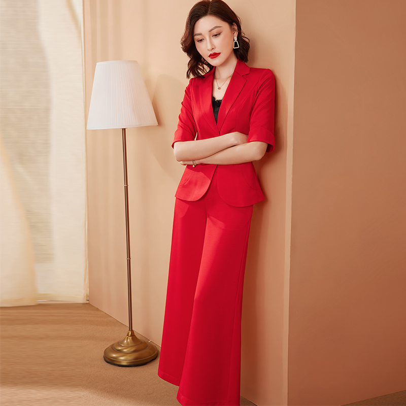薄款 红色高端西装 气质休闲职业西服两件套 2024新款 套装 时尚 女夏季