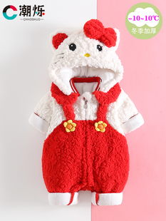 红色女孩棉衣可爱 加绒女宝宝周岁服百日宴服装 新生婴儿连体衣冬季