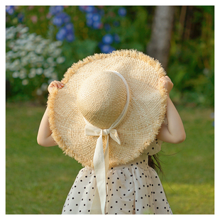儿童草帽女号夏天海边沙滩游玩遮阳帽拉菲草不变形超大檐太阳帽