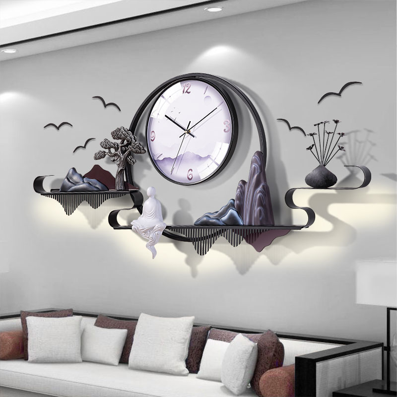 饰挂钟客厅背景墙家用钟表挂墙静音壁钟金属创意时钟 大号装 新中式