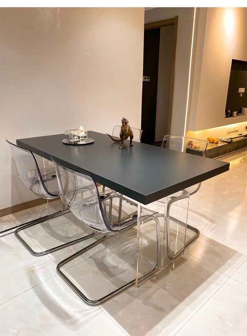 极简下挂透明家用纯黑色设计师餐桌 亚克力悬浮岩板餐桌德利丰意式