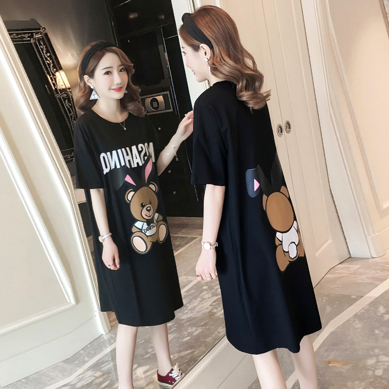 T恤裙子女 韩版 卡通小熊印花黑色连衣裙宽松大码 短袖 新款 2024夏季
