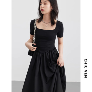 新款 CHICVEN「夏日度假」韩系气质套头收腰黑色长裙连衣裙闺蜜装